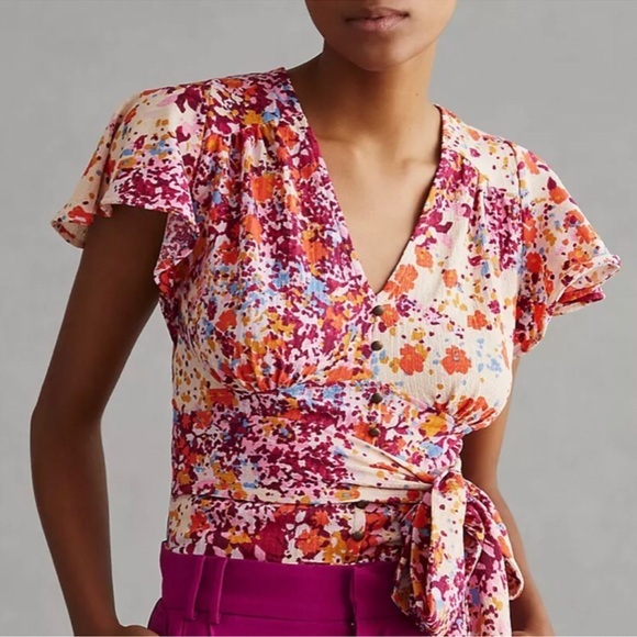 Anthropologie Tops - ANTHROPOLOGIE FLORAL FLUTTER SLEEVES CROPPED SMOCKED BLOUSE